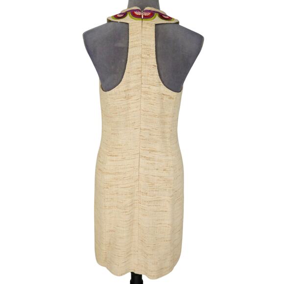 Trina Turk Dress Womens 6 Beige Silk Tweed Embroidered Neckline Racerback Lined - Picture 2 of 16